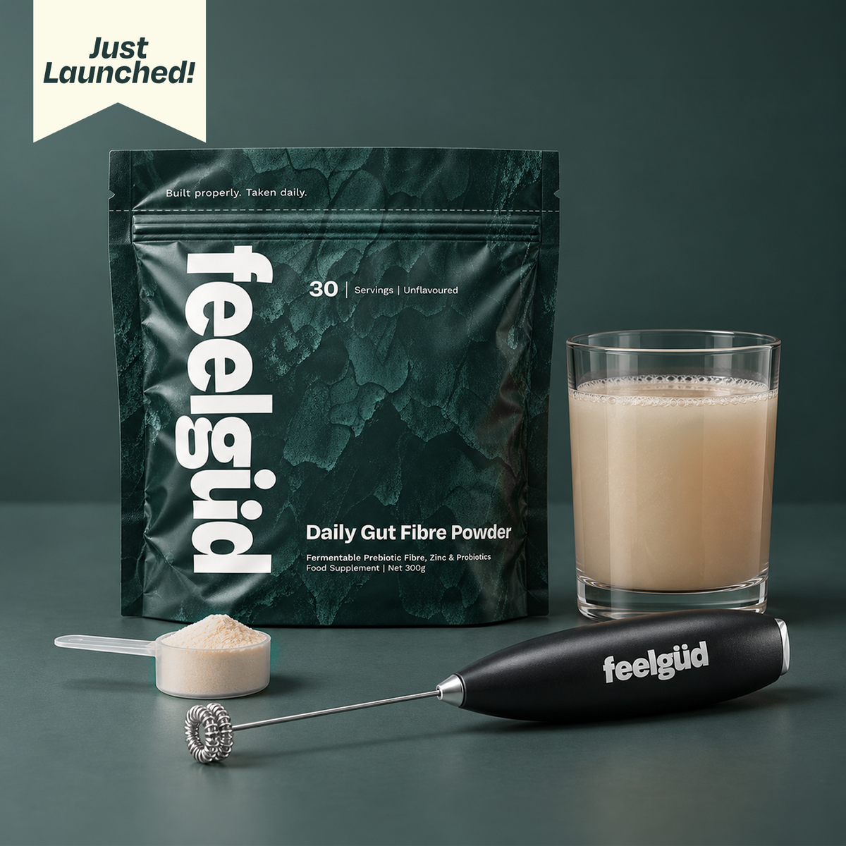 feelgüd Daily Gut Fibre Powder 300g pouch with prebiotic fibre, zinc and probiotics, 30 unflavoured servings