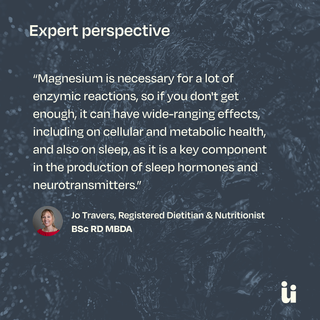 Expert perspective graphic featuring a quote from Jo Travers, Registered Dietitian & Nutritionist, about magnesium's role in enzymatic reactions and sleep, set against a dark textured background with a small profile photo of the speaker.