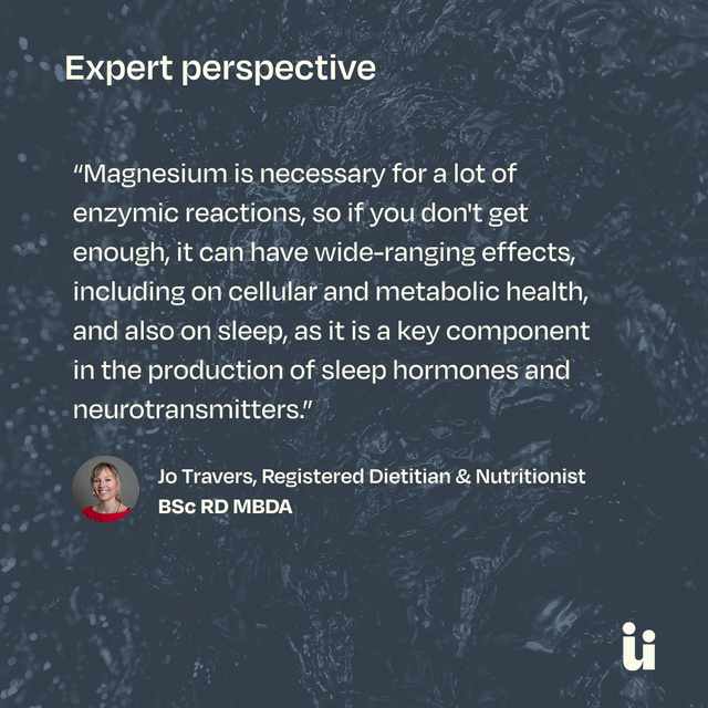 Expert perspective graphic featuring a quote from Jo Travers, Registered Dietitian & Nutritionist, about magnesium's role in enzymatic reactions and sleep, set against a dark textured background with a small profile photo of the speaker.