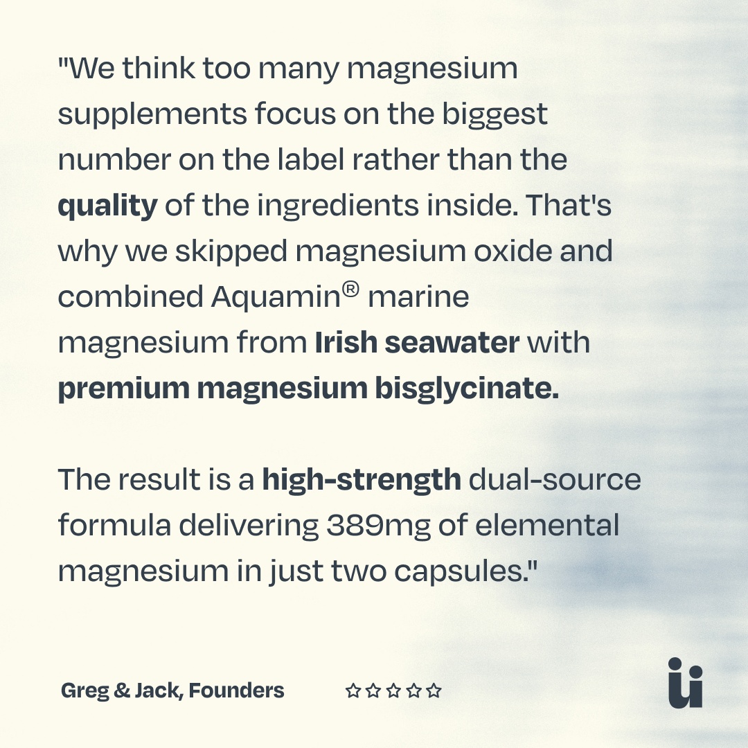 A text-heavy promotional graphic on a pale blue background. The quote reads: "We think too many magnesium supplements focus on the biggest number on the label rather than the quality of the ingredients inside.