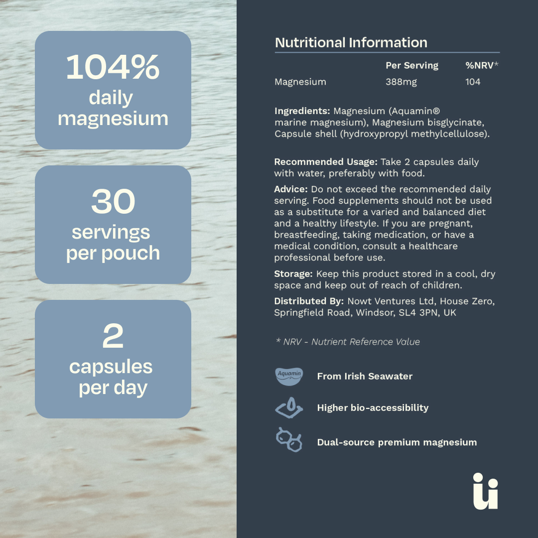 Promotional infographic for a marine magnesium supplement, featuring a product facts panel on the right with nutritional information and a light blue/white wood-grain background on the left with key selling points: 104% daily magnesium, 30 servings per pouch, and 2 capsules per day.