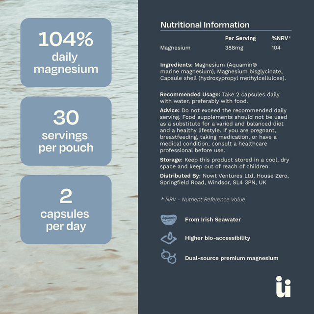 Promotional infographic for a marine magnesium supplement, featuring a product facts panel on the right with nutritional information and a light blue/white wood-grain background on the left with key selling points: 104% daily magnesium, 30 servings per pouch, and 2 capsules per day.