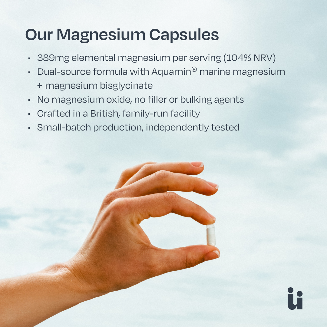 A hand holding a single white magnesium capsule against a soft light blue sky background, with text listing product benefits about our magnesium capsules.